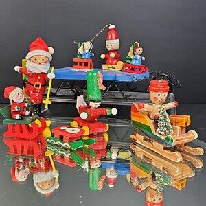 Vintage Collection Of Wooden Sledding Skiing Christmas Ornaments